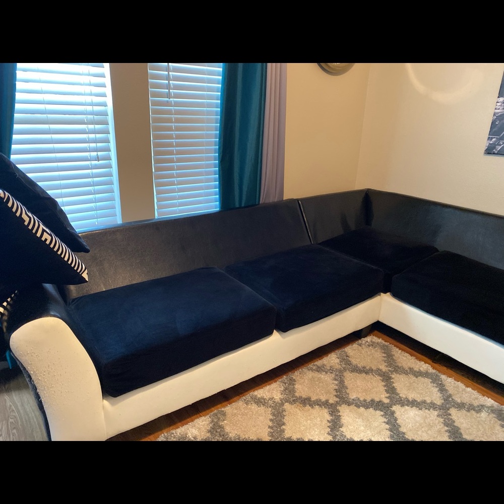 Black and white Sectional, pillows, rug
